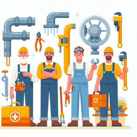 Plumber characters with tools. Plumber worker, plumber, plumber, plumber, plumber, repairman, worker. Vector illustrationのイラスト素材