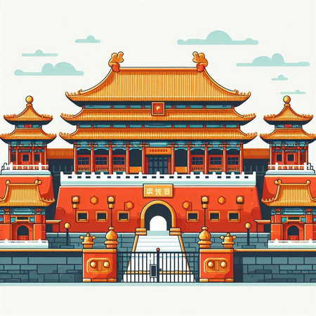 Chinese ancient buildings. Vector illustration in a flat style on a white background.のイラスト素材