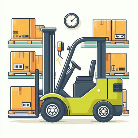 Forklift with boxes in warehouse. Vector illustration in flat styleのイラスト素材