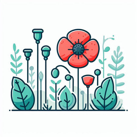 Vector illustration of red poppies with green leaves on white background.のイラスト素材