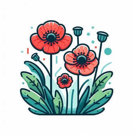 Vector hand drawn doodle illustration with poppies and leavesのイラスト素材