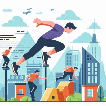 Vector illustration of people jumping over obstacles on cityscape background. Flat style design.のイラスト素材