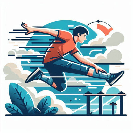 Vector illustration of a young man jumping over obstacles. Flat style design.のイラスト素材