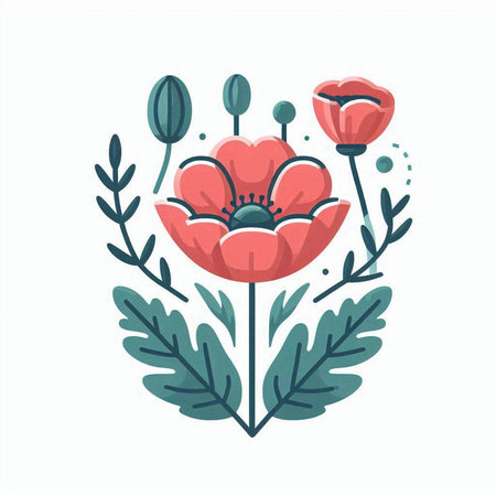 Vector illustration of a bouquet of poppies in a circle of leaves.のイラスト素材
