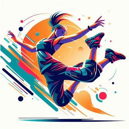 illustration of young girl dancing hip-hop on a colorful backgroundのイラスト素材