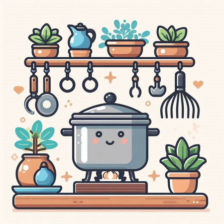 Kitchen utensils and pots. Vector illustration in flat styleのイラスト素材