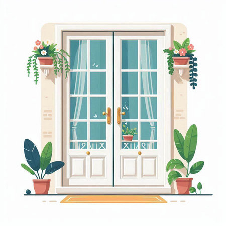 Vector illustration of a front door with flowers and plants in pots.のイラスト素材