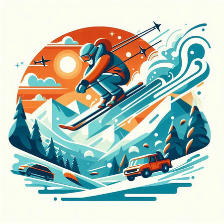 Vector illustration of a snowboarder skiing downhill in the mountains.のイラスト素材