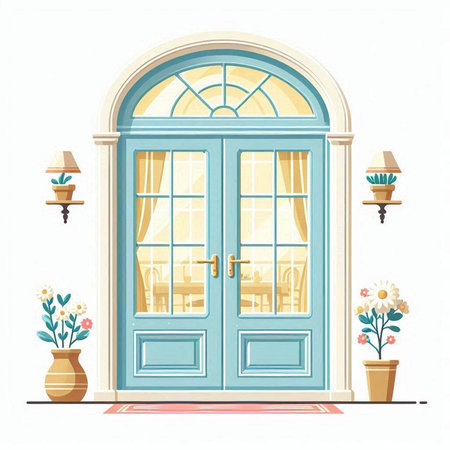 Vector illustration of a classic blue door with glass and flowers in vaseのイラスト素材