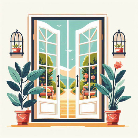 Flat vector illustration of a window with a view of the gardenのイラスト素材