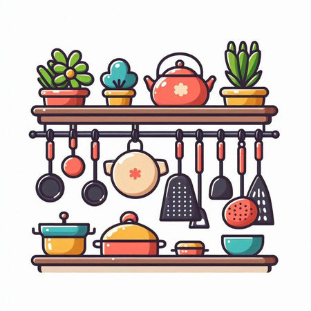 Kitchen utensils on shelf. Vector illustration in doodle styleのイラスト素材