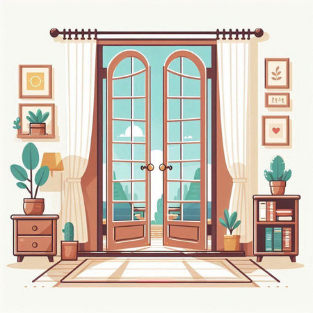 Interior of the living room with a wooden door. Vector illustrationのイラスト素材