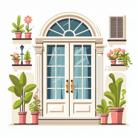 Classic wooden door with flowers in pots. Vector illustration in flat styleのイラスト素材