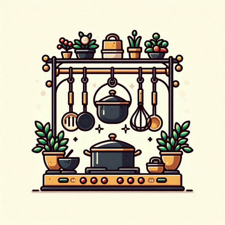 Kitchen utensils and pots on the stove. Vector illustration.のイラスト素材