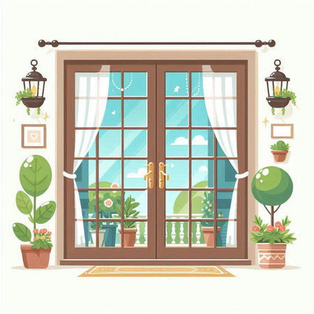 Vector illustration of a window with a view of the garden and the houseのイラスト素材
