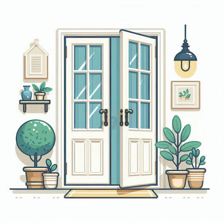 Vector illustration of a door with plants in pots on the floor.のイラスト素材