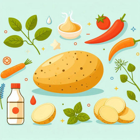 Potato, carrot, tomato, pepper, oil, parsley, basil, onion, ketchup. Vector illustrationのイラスト素材