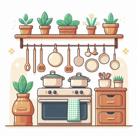 Kitchen utensils and pots. Vector illustration in cartoon styleのイラスト素材