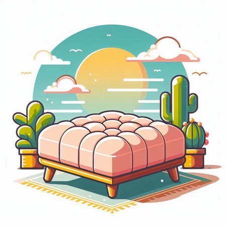 Vector illustration of a sofa with pillows and cacti.のイラスト素材