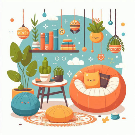 Cute cozy room with furniture and potted plants. Vector illustrationのイラスト素材