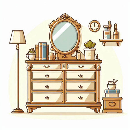 Vector illustration of a vintage chest of drawers and a mirror.のイラスト素材