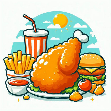 Fast food vector illustration. Fried chicken with french fries and sauce.のイラスト素材