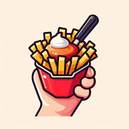 Illustration of hand holding french fries with mayonnaise, vector illustrationのイラスト素材