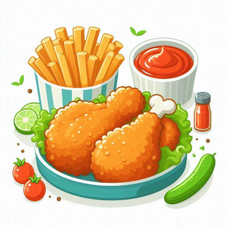 Fried chicken wings with french fries and ketchup. Fast food vector illustration.のイラスト素材