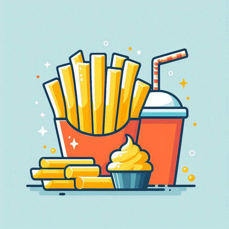 Fast food vector illustration in flat line style. Fried potatoes, french fries and cola.のイラスト素材