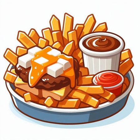 Illustration of a plate of french fries with sauce and mayonnaiseのイラスト素材