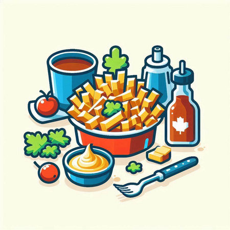 French fries in bowl with sauce. Vector illustration in cartoon style.のイラスト素材