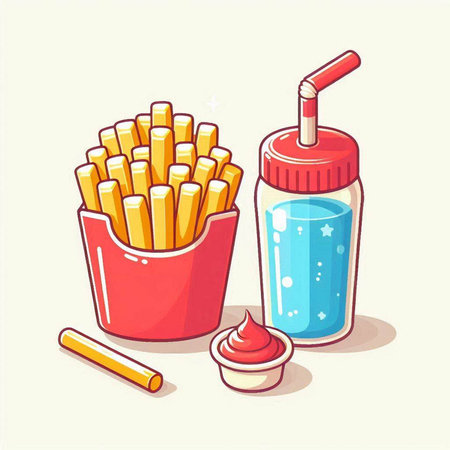 French fries and ketchup in red and blue cups. Vector illustration.のイラスト素材