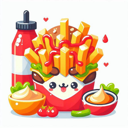 French fries with ketchup and mayonnaise. Vector illustration in cartoon styleのイラスト素材