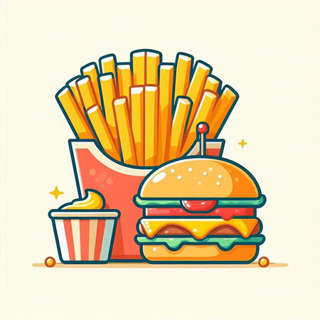 Fast food vector illustration. Burger, french fries, cupcake.のイラスト素材