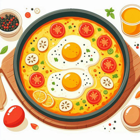 Illustration of a pizza with eggs and vegetables on a white backgroundのイラスト素材