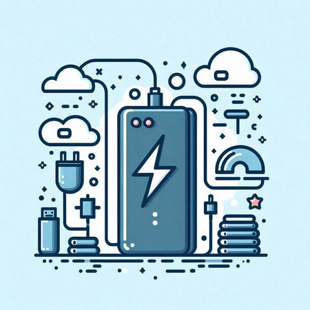 Power bank with battery charge. Flat line style vector illustration for web design.のイラスト素材