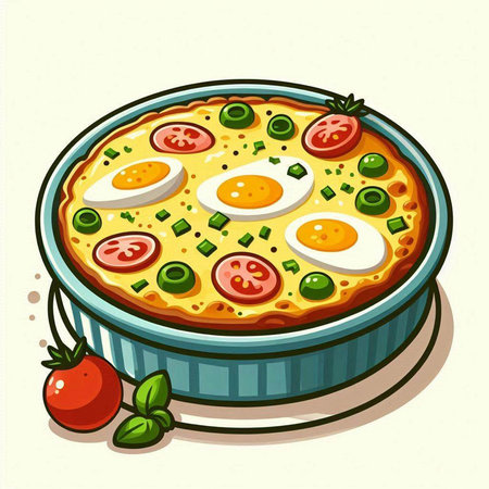 Illustration of a pie with eggs, tomatoes and green peas.のイラスト素材