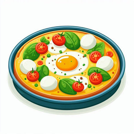 Illustration of pizza with mozzarella, tomatoes and basil on a white backgroundのイラスト素材