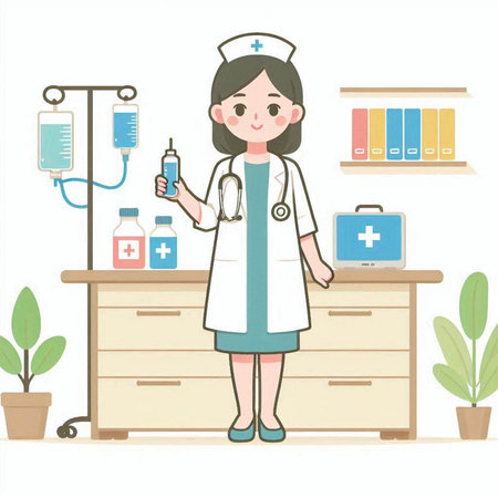 Nurse with syringe in the hospital room,vector illustration.のイラスト素材