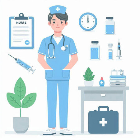 Male doctor with stethoscope and medical equipment. Flat design vector illustration.のイラスト素材