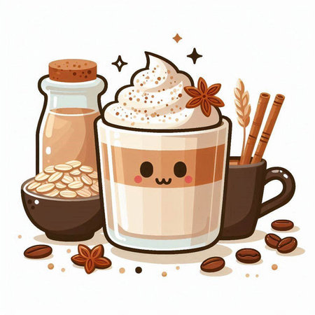 Coffee latte with whipped cream and coffee beans. Vector illustration.のイラスト素材