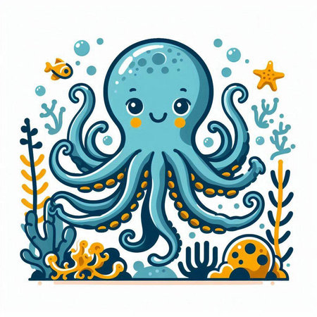 Cute funny octopus. Vector illustration in cartoon style. Marine life.のイラスト素材