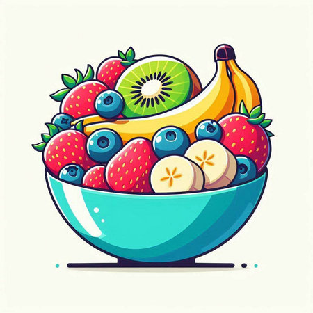 Colorful vector illustration of a bowl of fresh fruit and berries.のイラスト素材