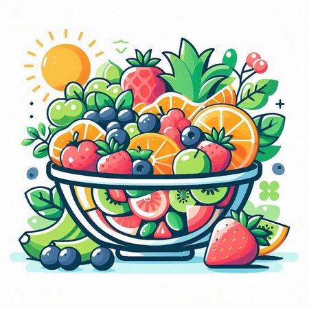 Fruit salad in a bowl. Vector illustration on white background.のイラスト素材
