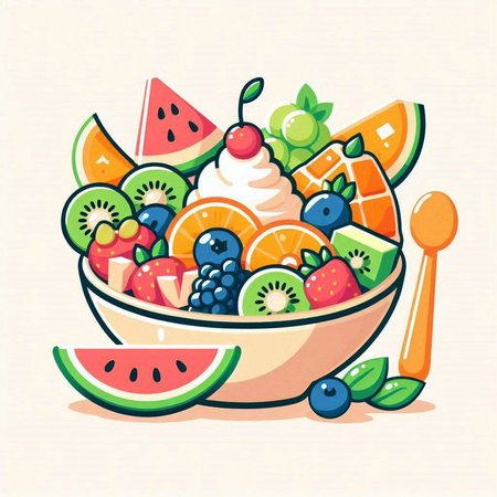 Fruit salad in a bowl. Vector illustration in cartoon style.のイラスト素材