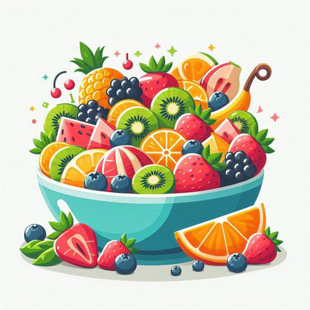Vector illustration of fresh fruit salad in a bowl on white background.のイラスト素材