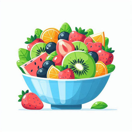 Fruit salad in a bowl isolated on white background. Vector illustration.のイラスト素材