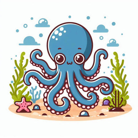 Octopus in the sea. Cute cartoon character. Vector illustration.のイラスト素材