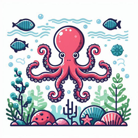 Octopus, fish, corals and seaweed. Vector illustration.のイラスト素材