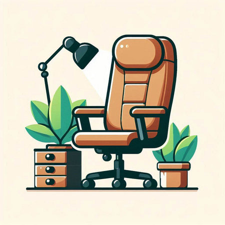 Office chair with desk lamp and plant. Vector illustration in flat styleのイラスト素材